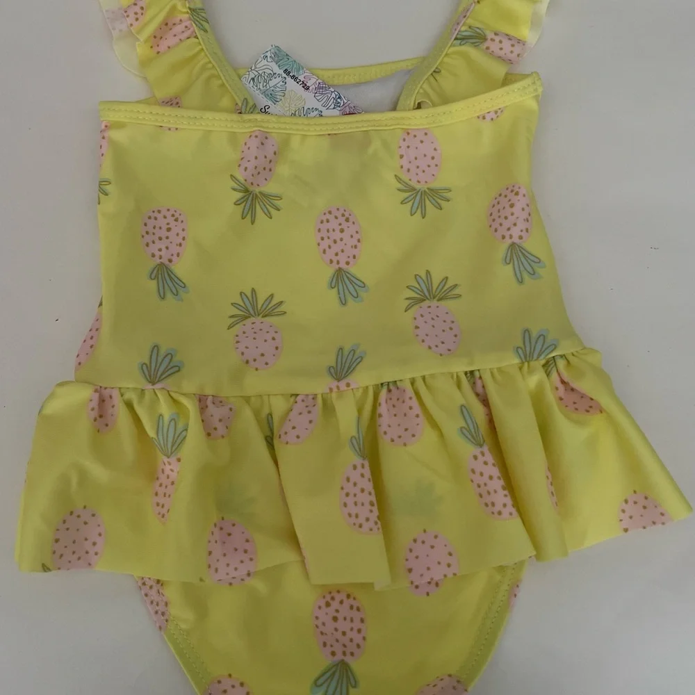 Momentum Brands 18-Month Girl 1-Pc Yellow Pineapple Print Swimsuit Ruffle Trim